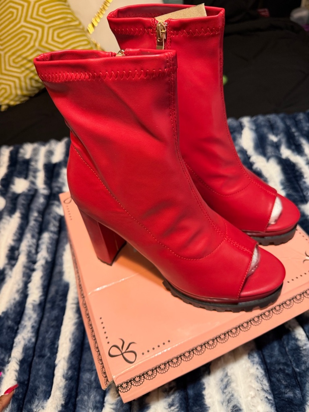 Red Peep-Toe Block Heel Ankle Boots